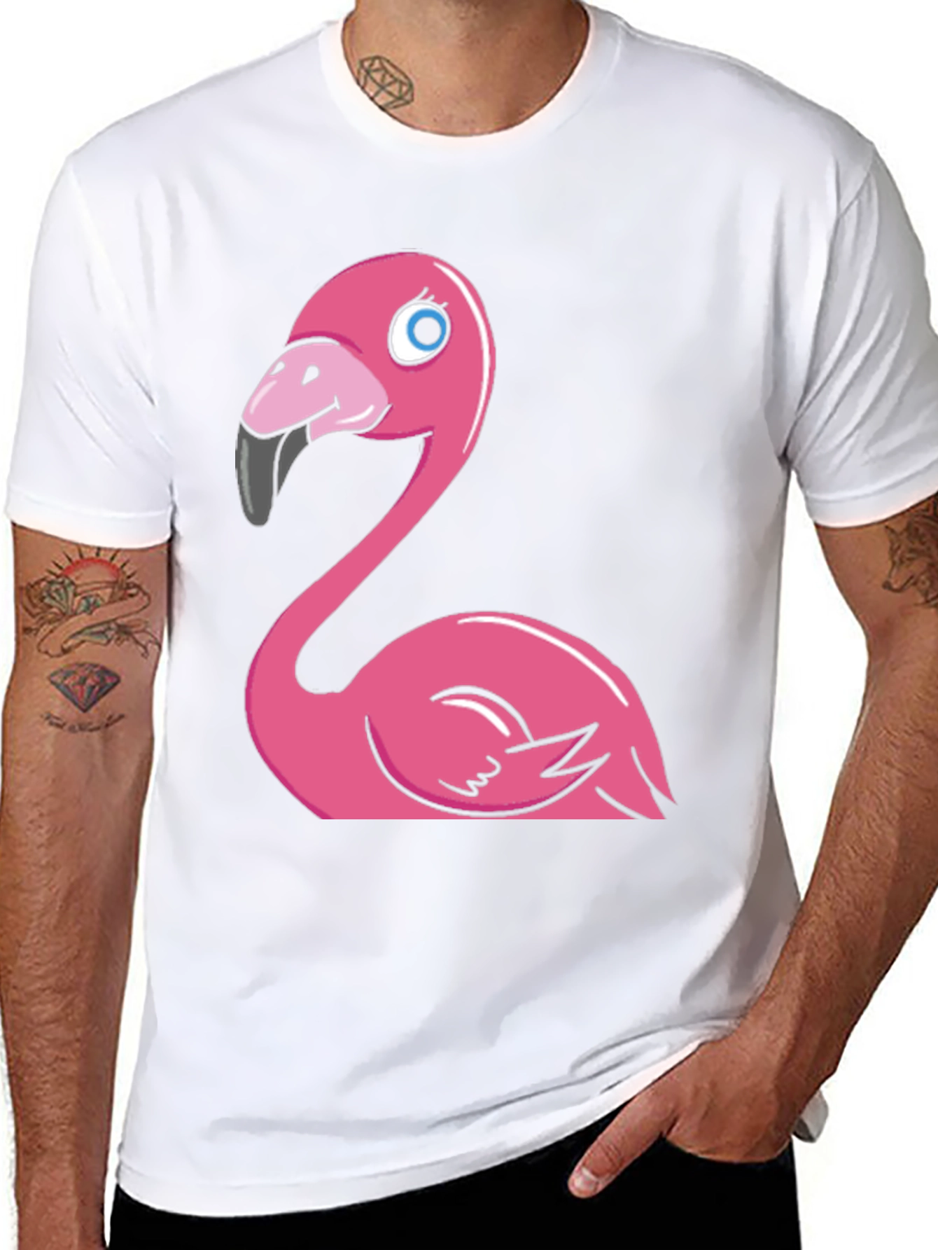 Cartoon Flamingo Graphic Tee - Black Cotton Blend