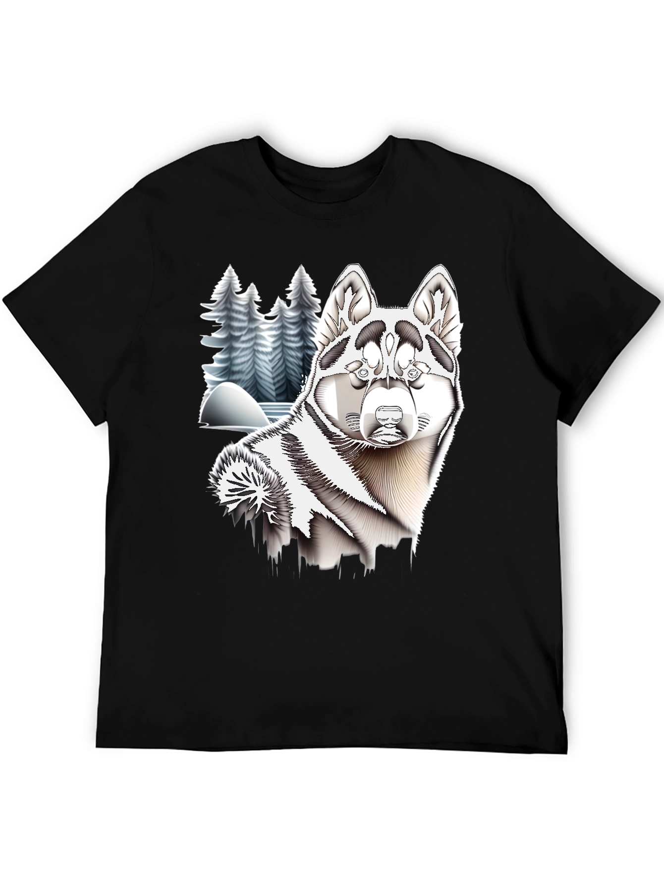 Husky Winter Scene Black T-Shirt