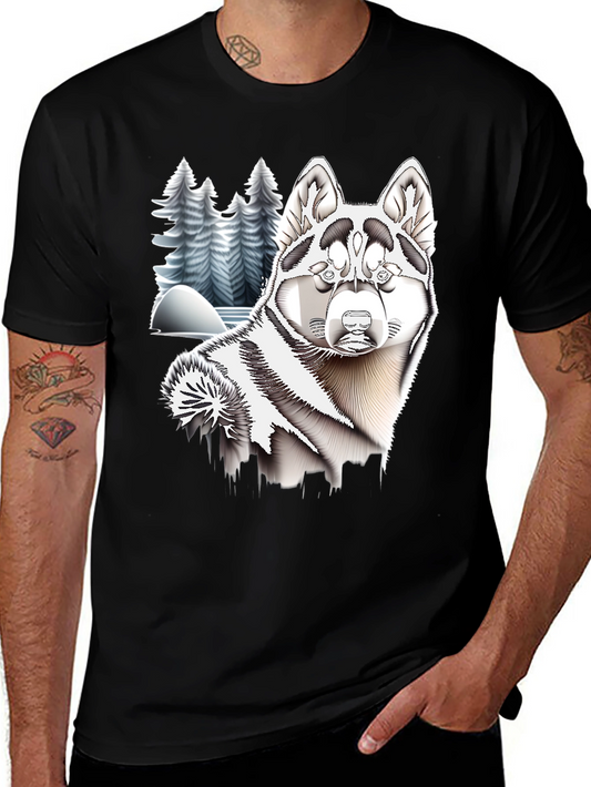Husky Winter Scene Black T-Shirt