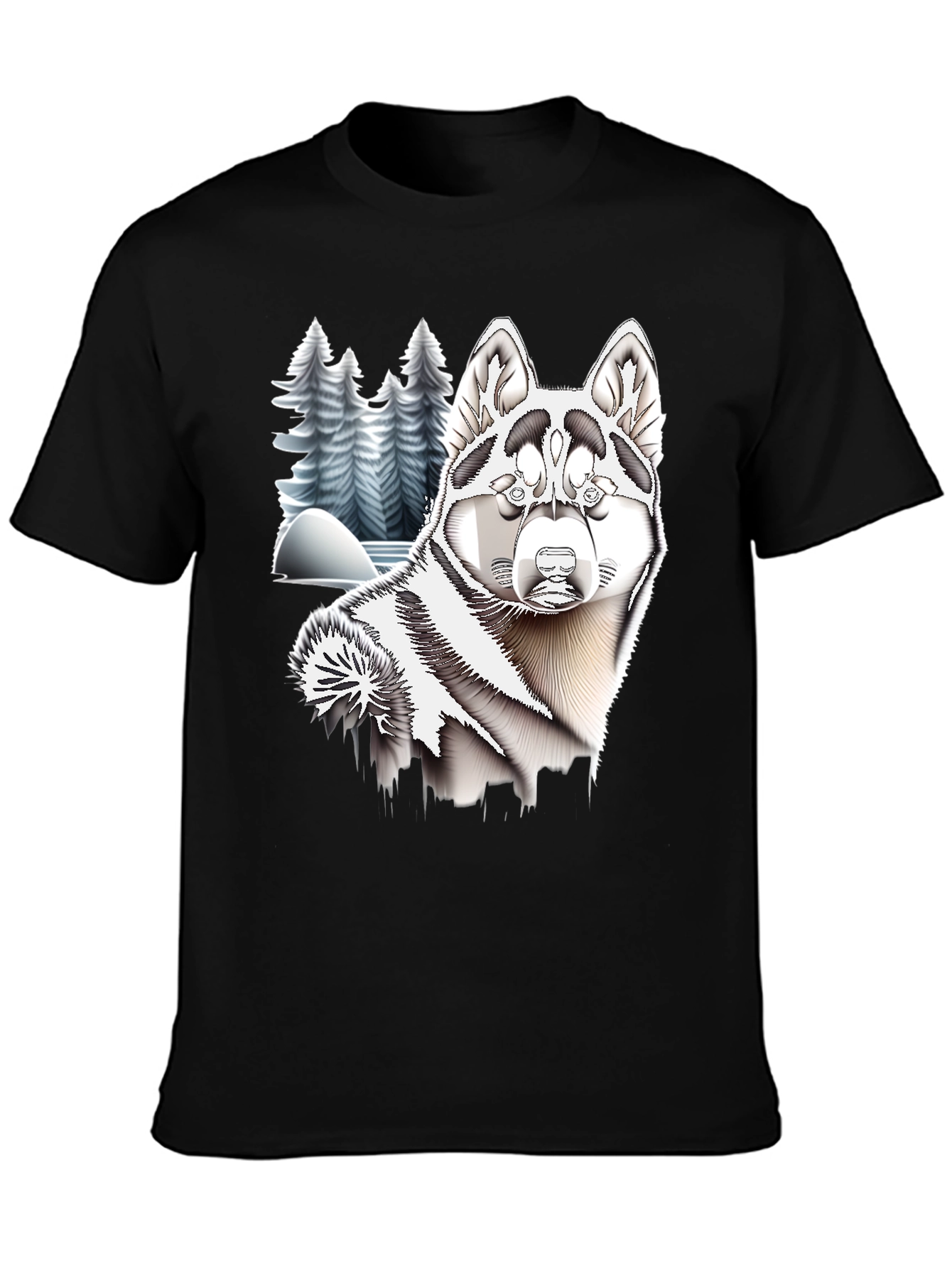 Husky Winter Scene Black T-Shirt