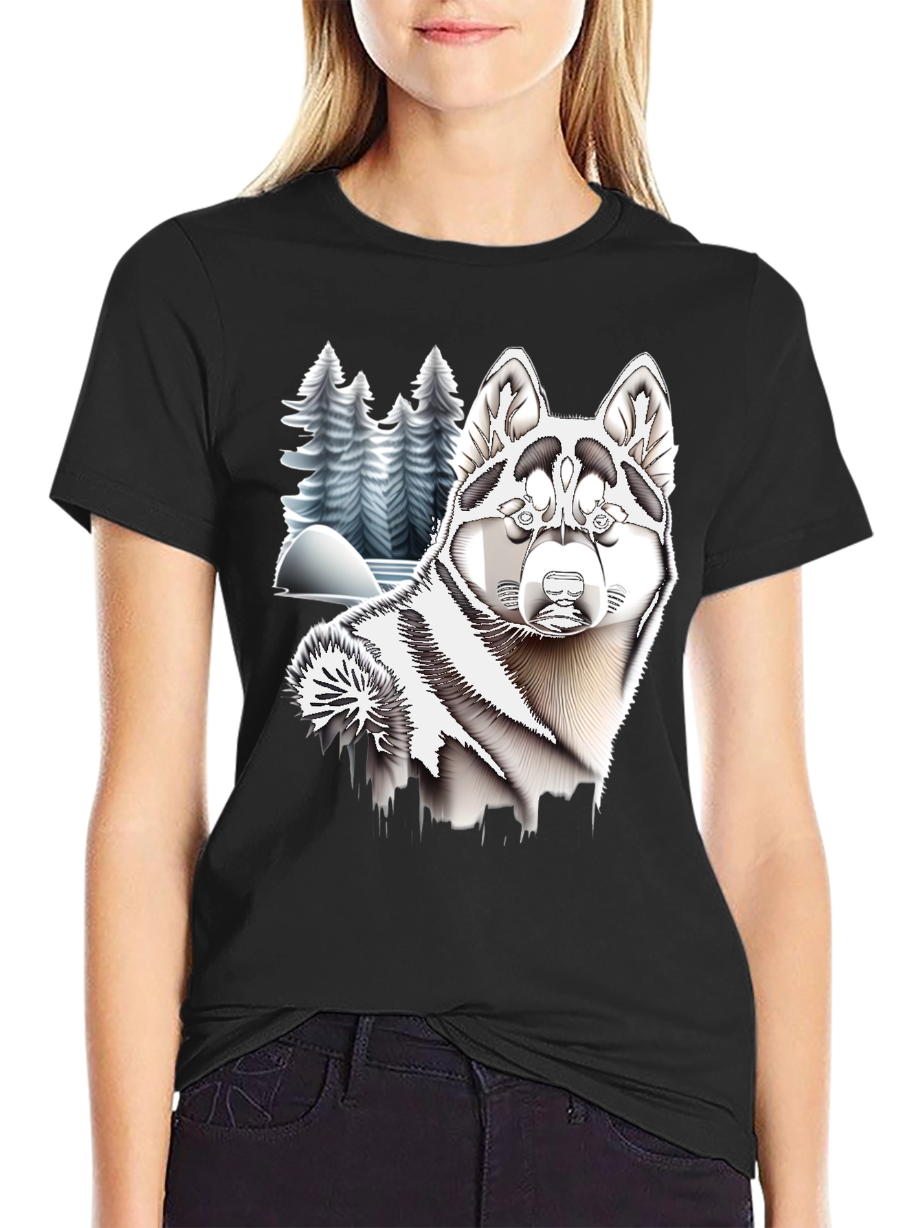 Husky Winter Scene Black T-Shirt
