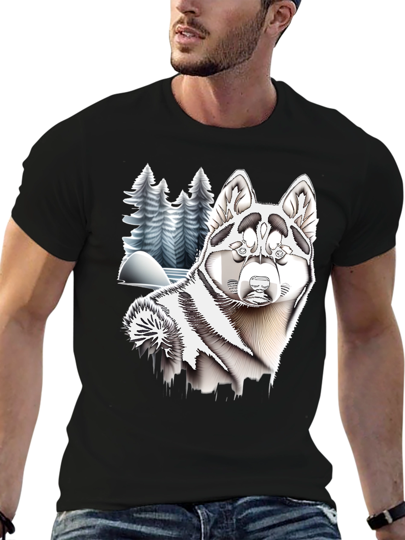 Husky Winter Scene Black T-Shirt