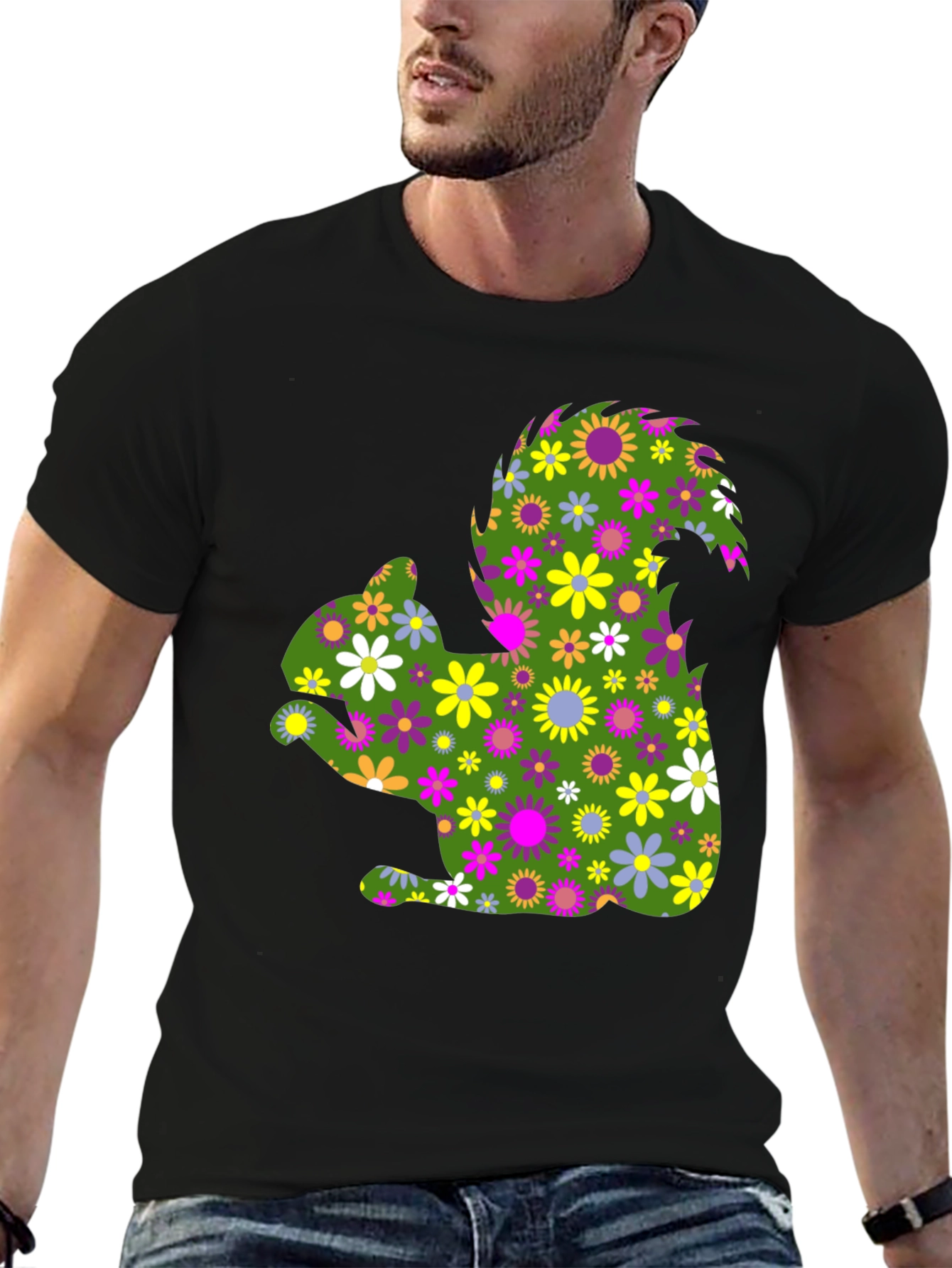 Floral Squirrel Graphic T-Shirt - Mens Black Tee