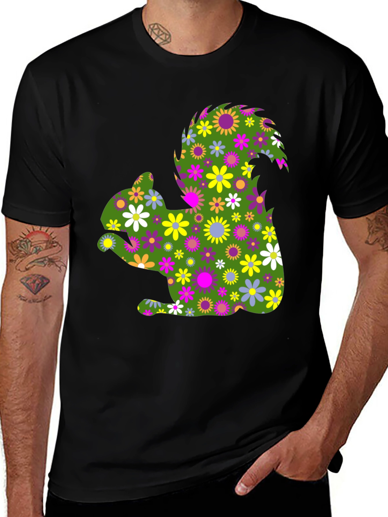 Floral Squirrel Graphic T-Shirt - Mens Black Tee