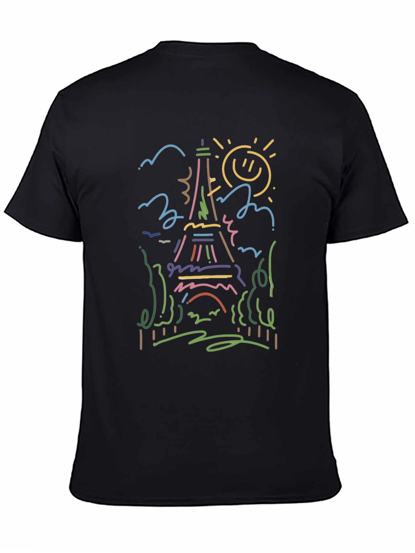 Paris Eiffel Tower Line Art Black T-Shirt