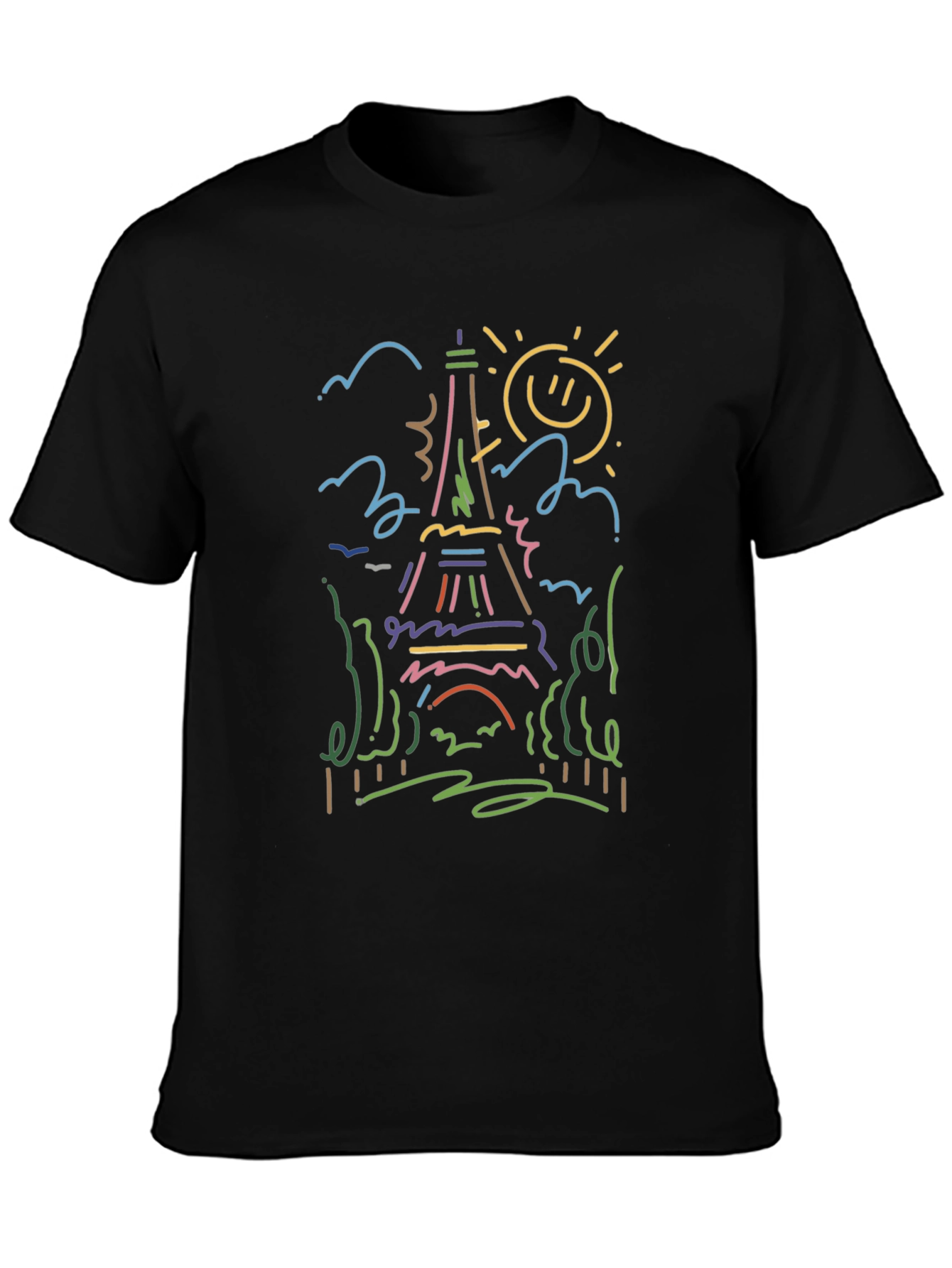 Paris Eiffel Tower Line Art Black T-Shirt