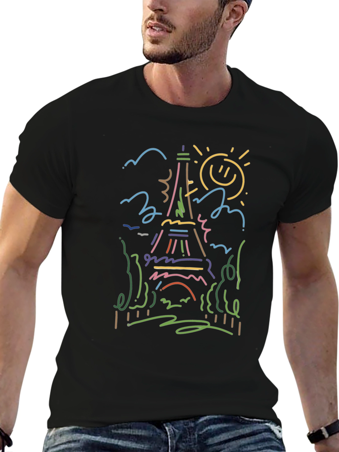 Paris Eiffel Tower Line Art Black T-Shirt