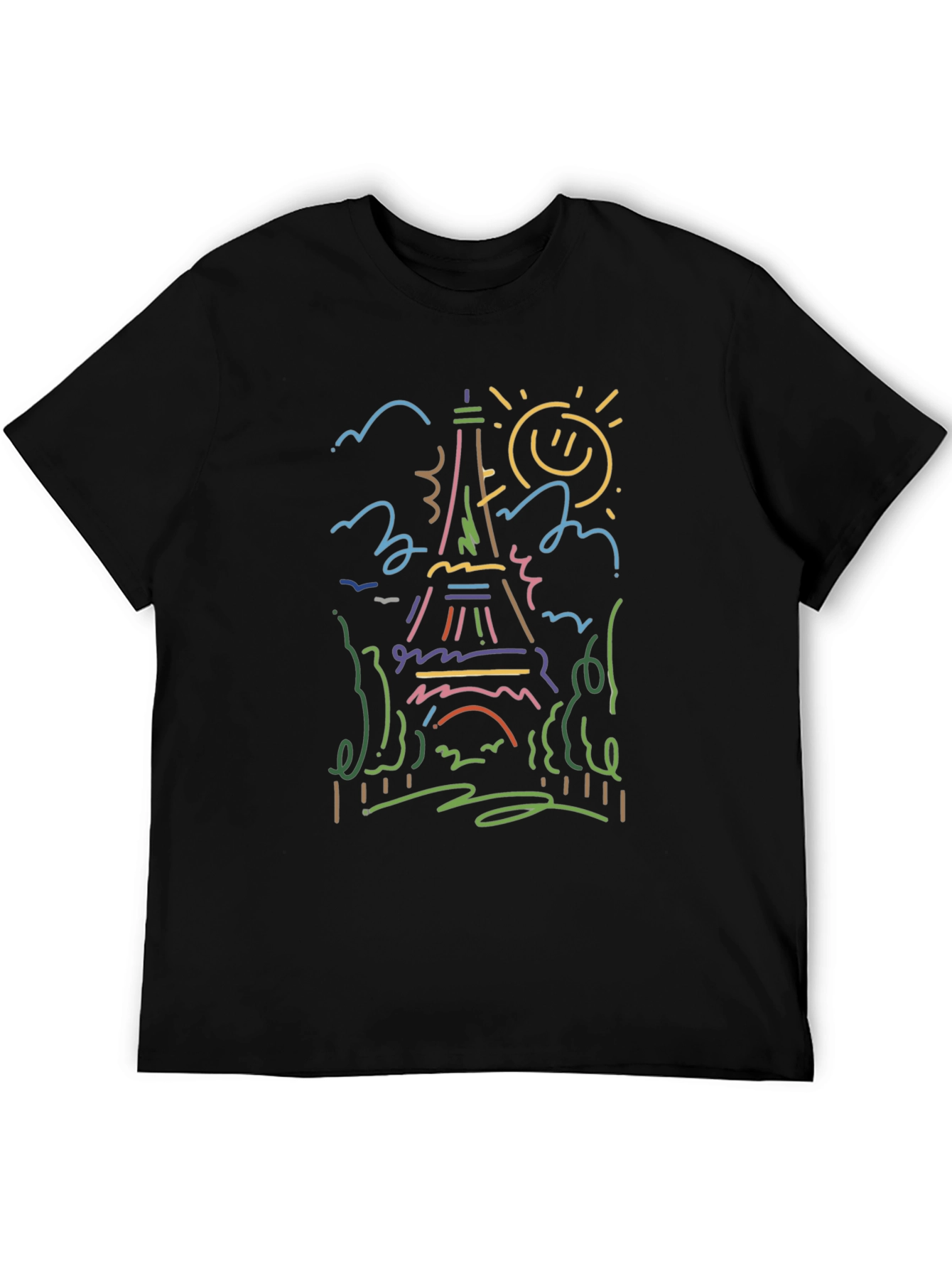 Paris Eiffel Tower Line Art Black T-Shirt
