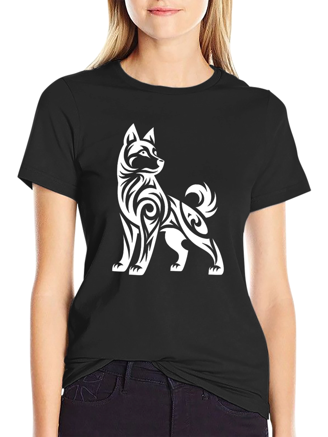 Dog Tribal Design Black T-Shirt