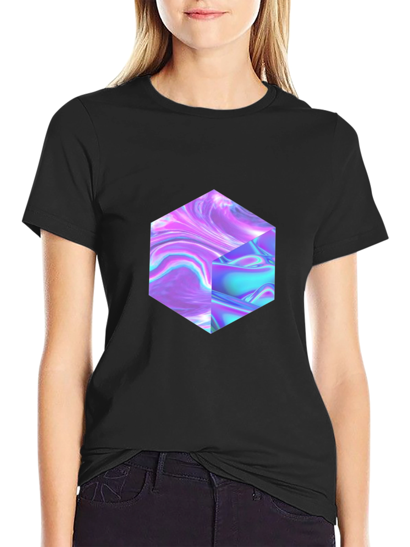 Abstract Holographic Cube Graphic T-Shirt