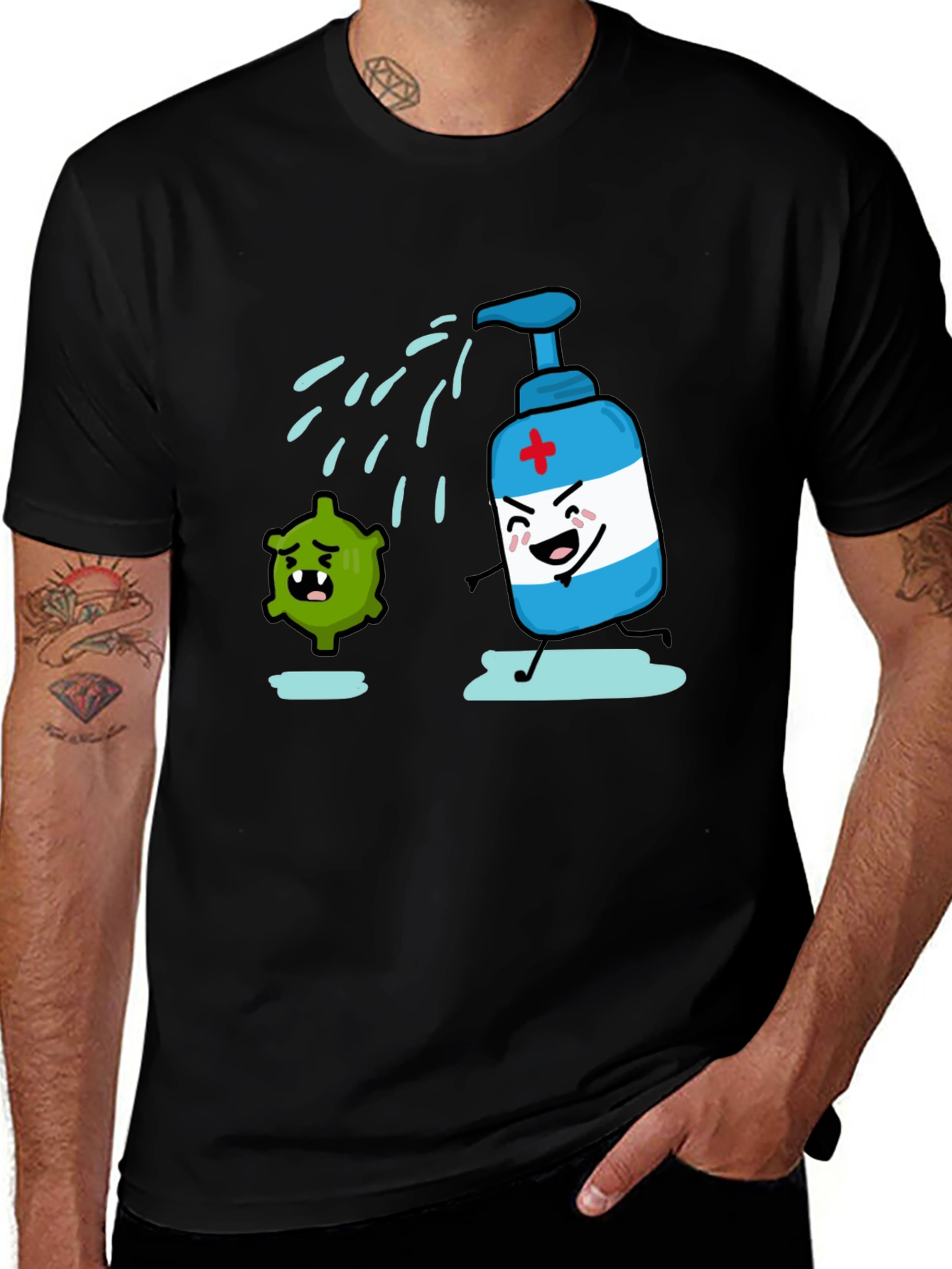 Humorous Hand Sanitizer vs. Germ T-Shirt - Black