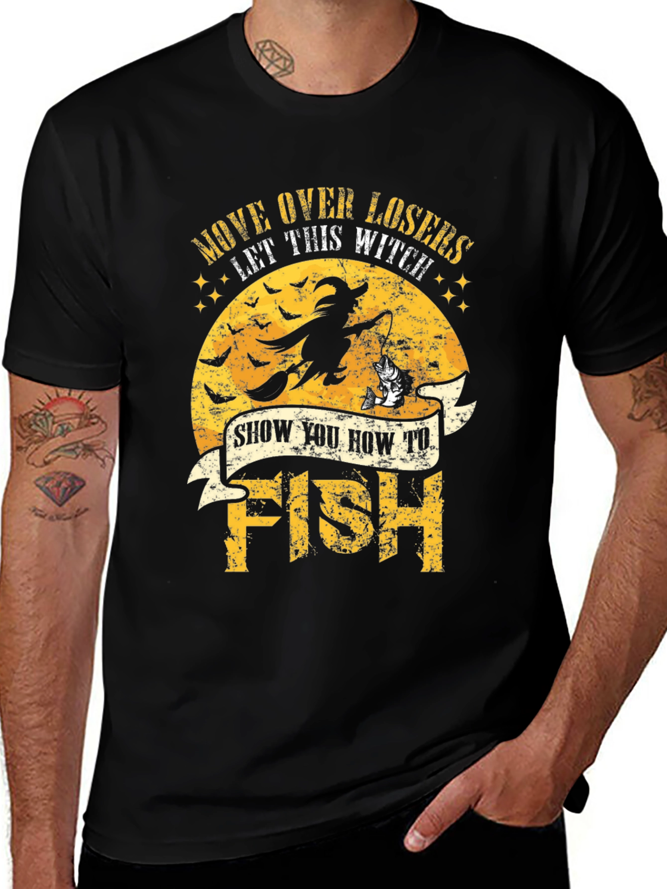 Witch Fishing Graphic T-Shirt - Halloween Style