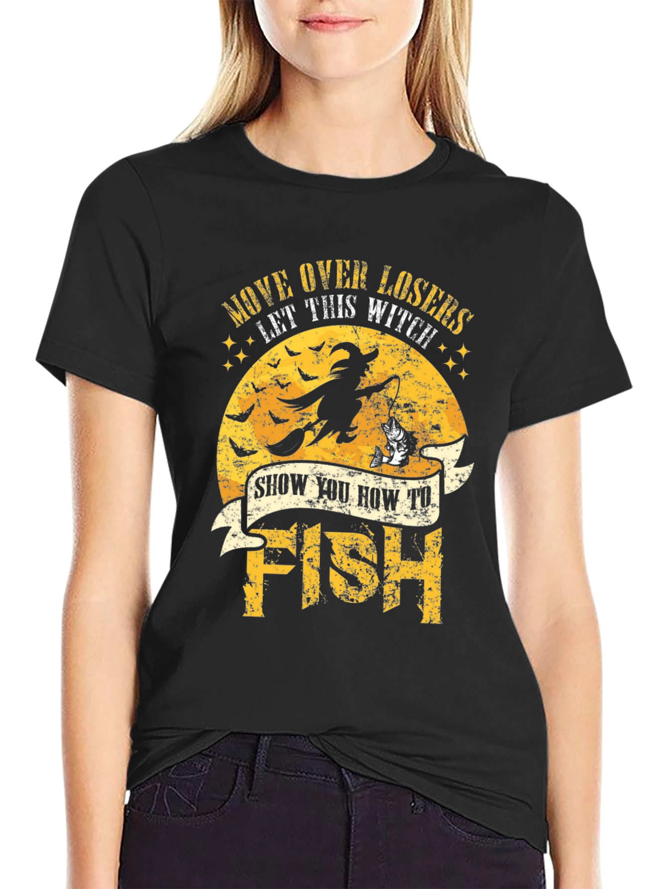 Witch Fishing Graphic T-Shirt - Halloween Style