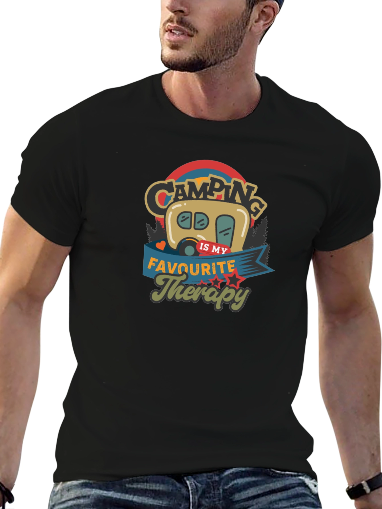 Camping is My Therapy Black Graphic T-Shirt
