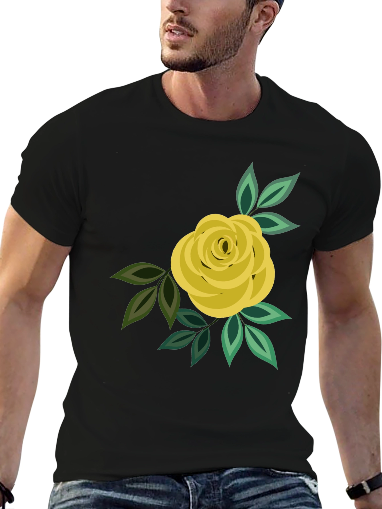 Floral Rose Graphic Tee - Black Cotton Casual