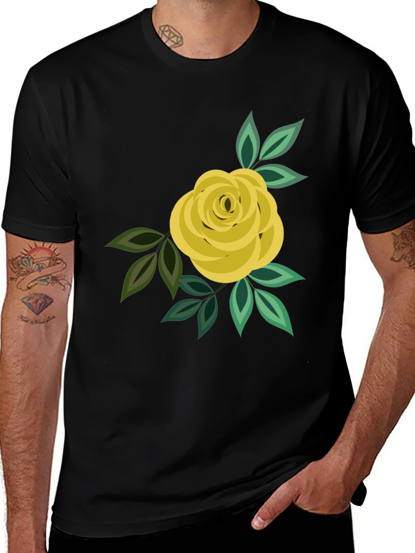 Floral Rose Graphic Tee - Black Cotton Casual