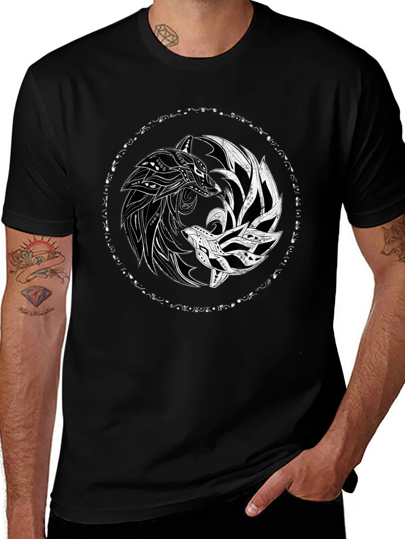 Yin Yang Wolves Black Graphic Tee