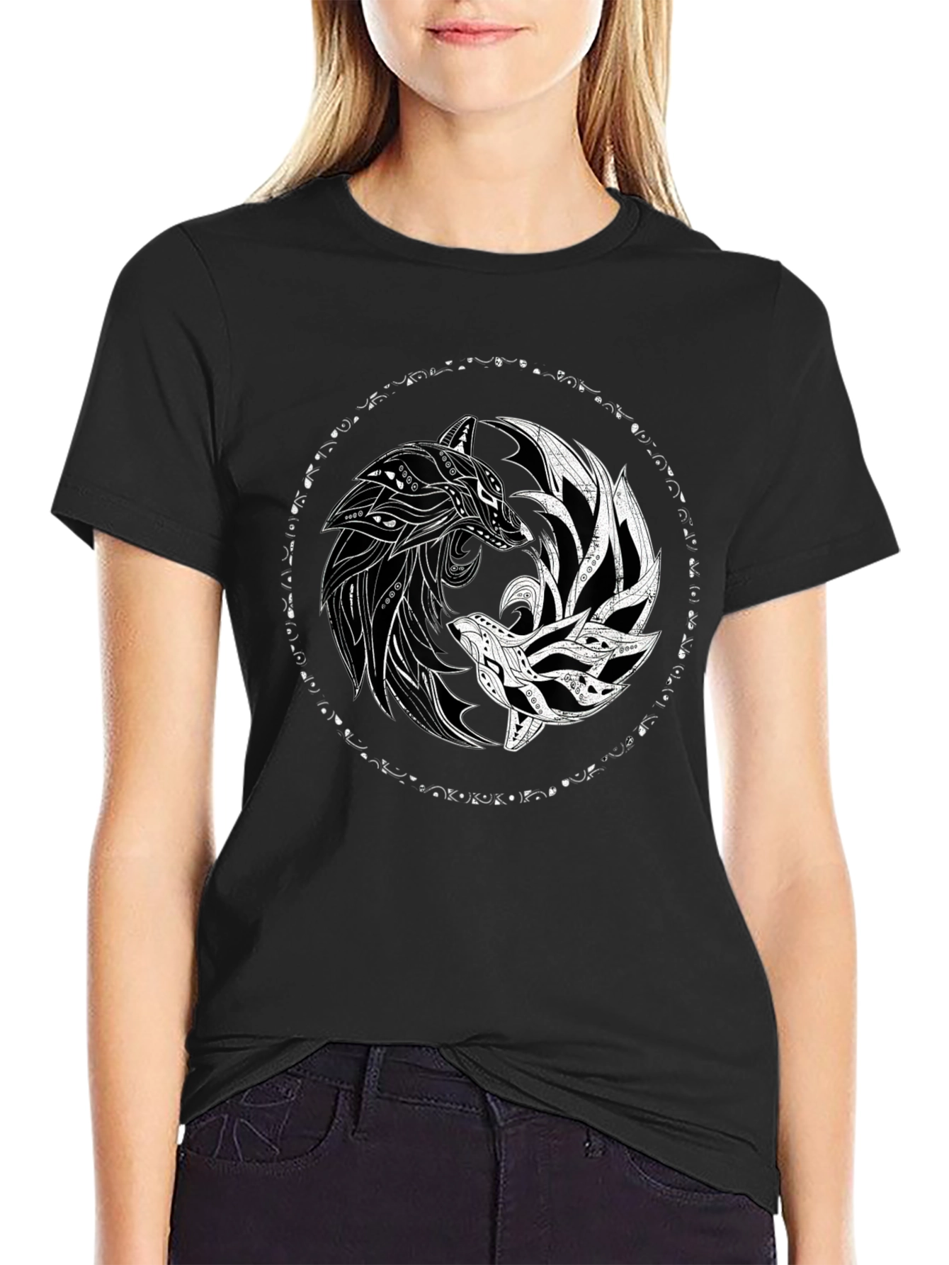 Yin Yang Wolves Black Graphic Tee