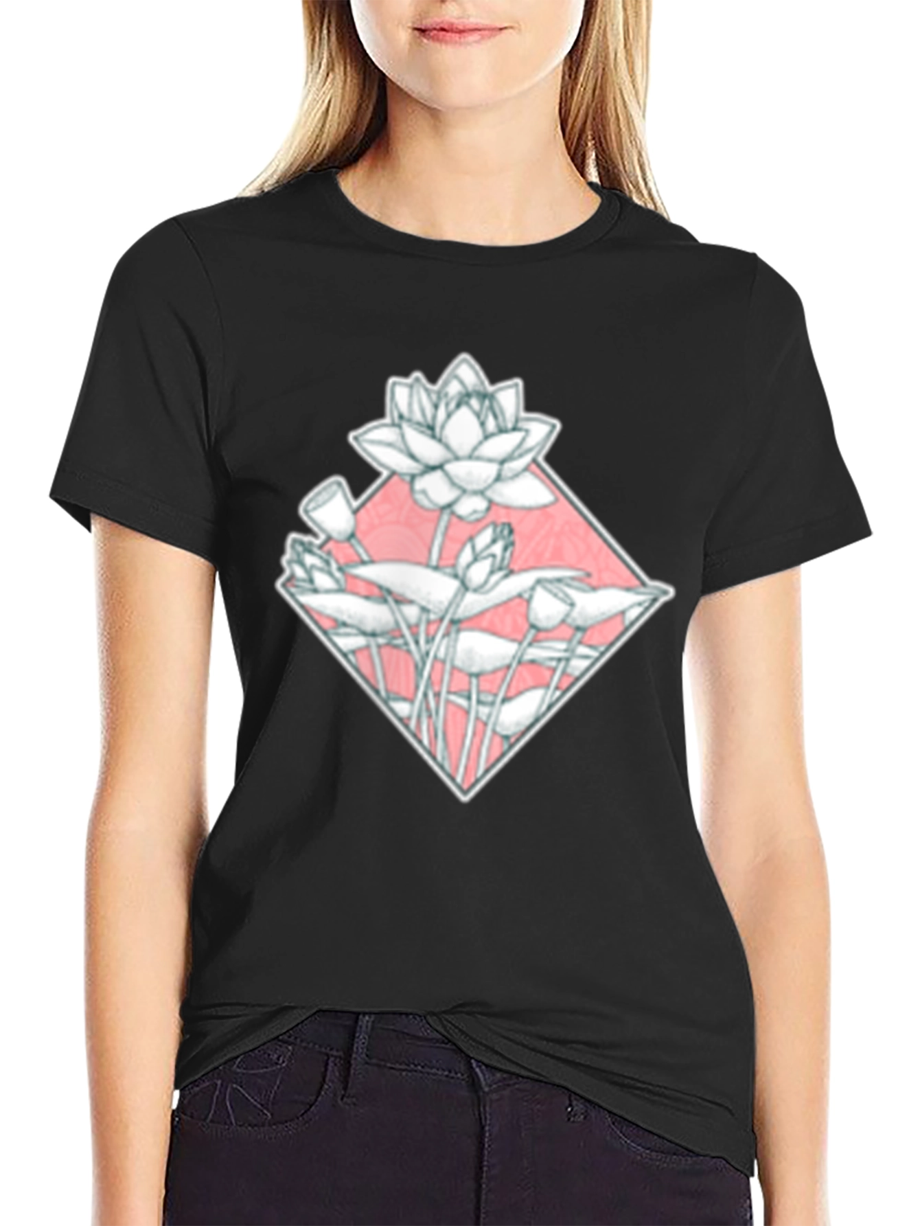 Lotus Flower Graphic Tee - Black Cotton Blend