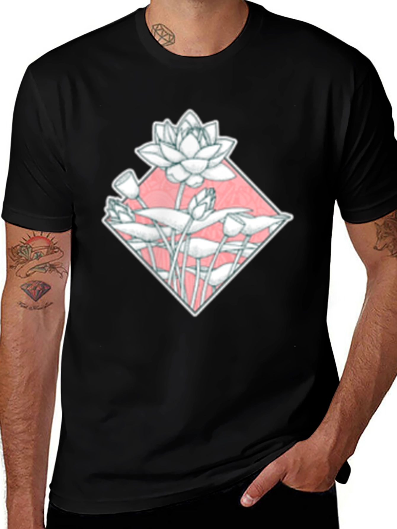 Lotus Flower Graphic Tee - Black Cotton Blend
