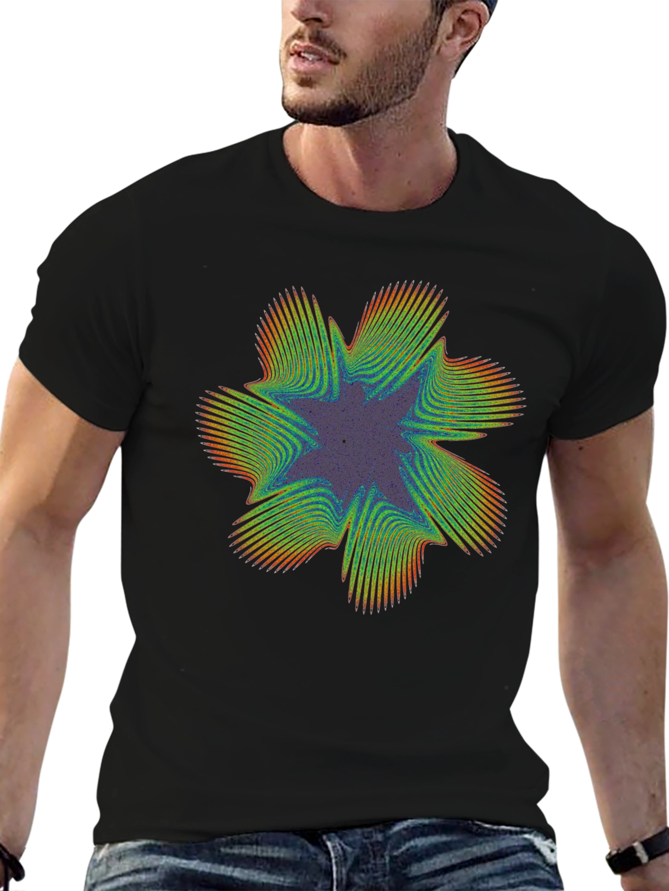 Abstract Fractal Starburst Graphic Tee - Black