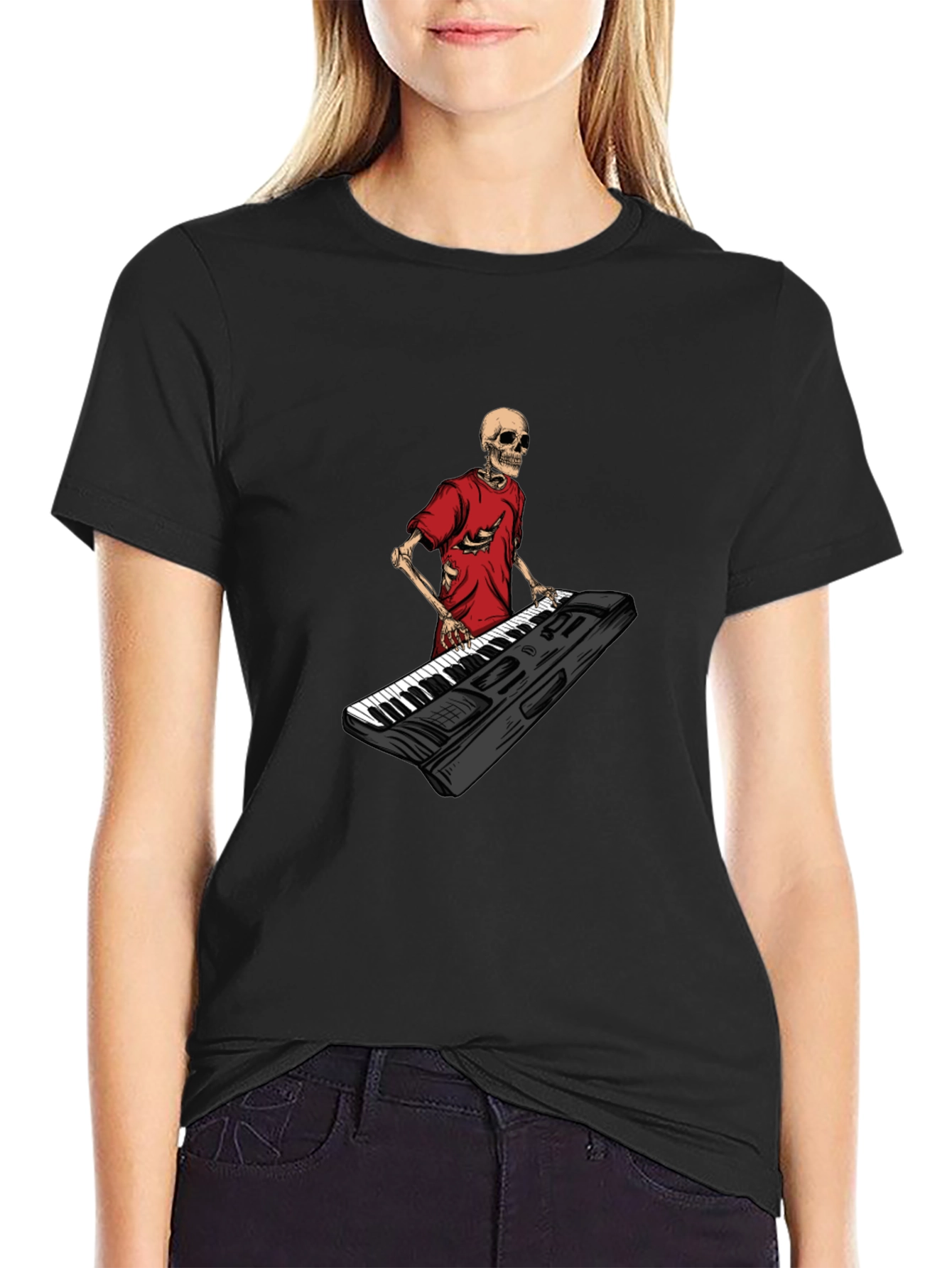 Skeleton Keyboardist Graphic Tee - Black