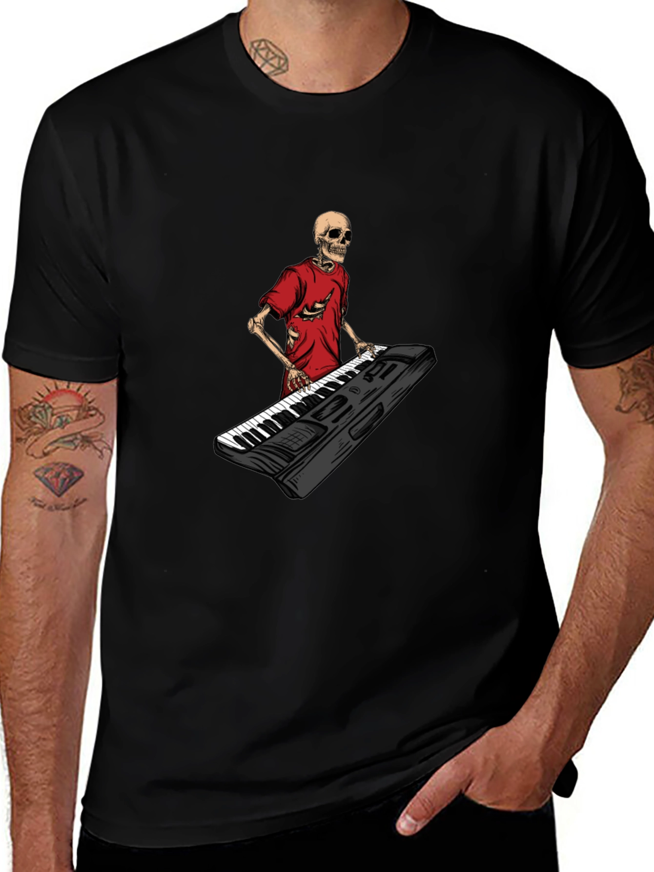 Skeleton Keyboardist Graphic Tee - Black