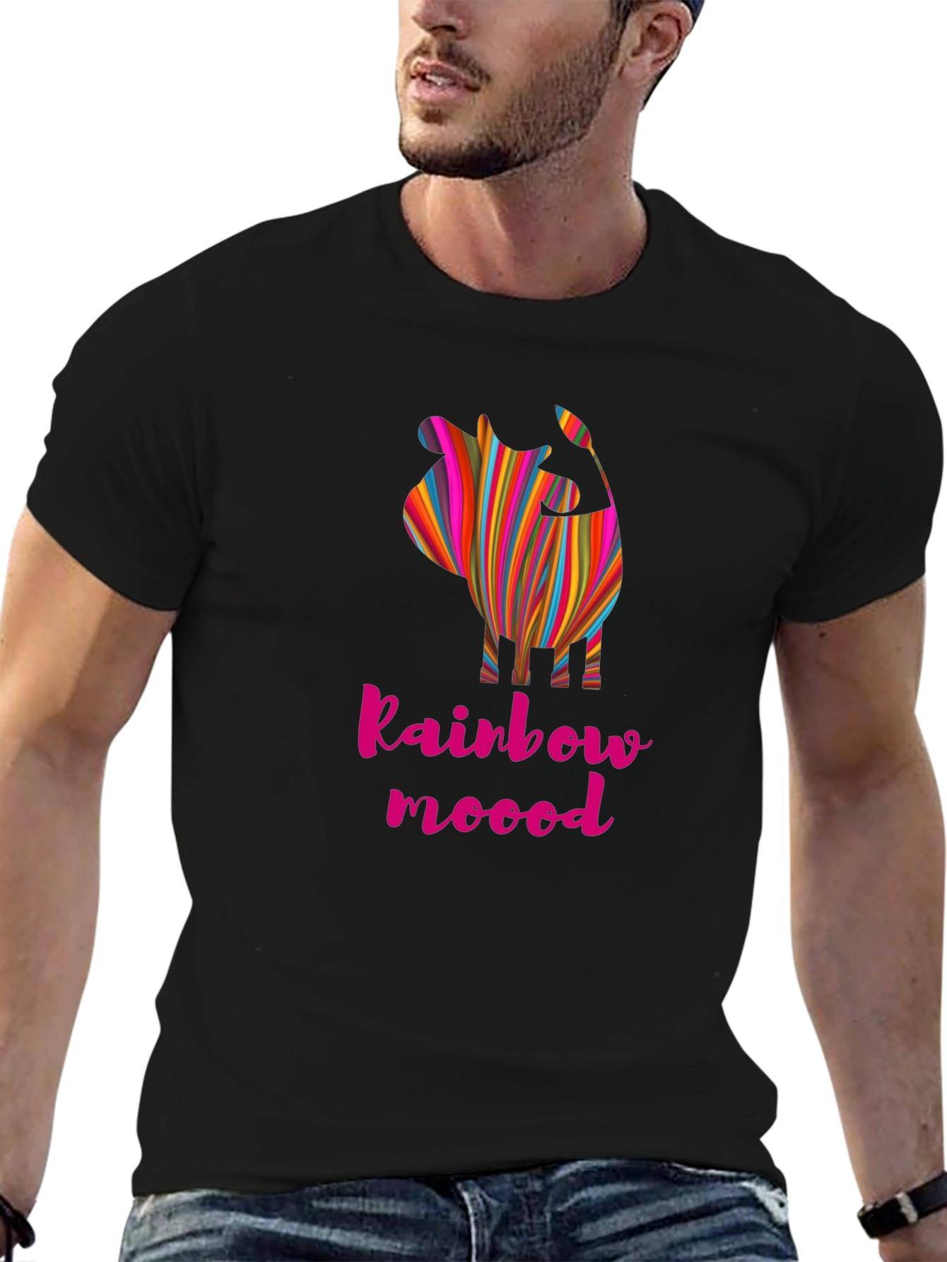 Rainbow Mood Striped Cow Graphic Tee