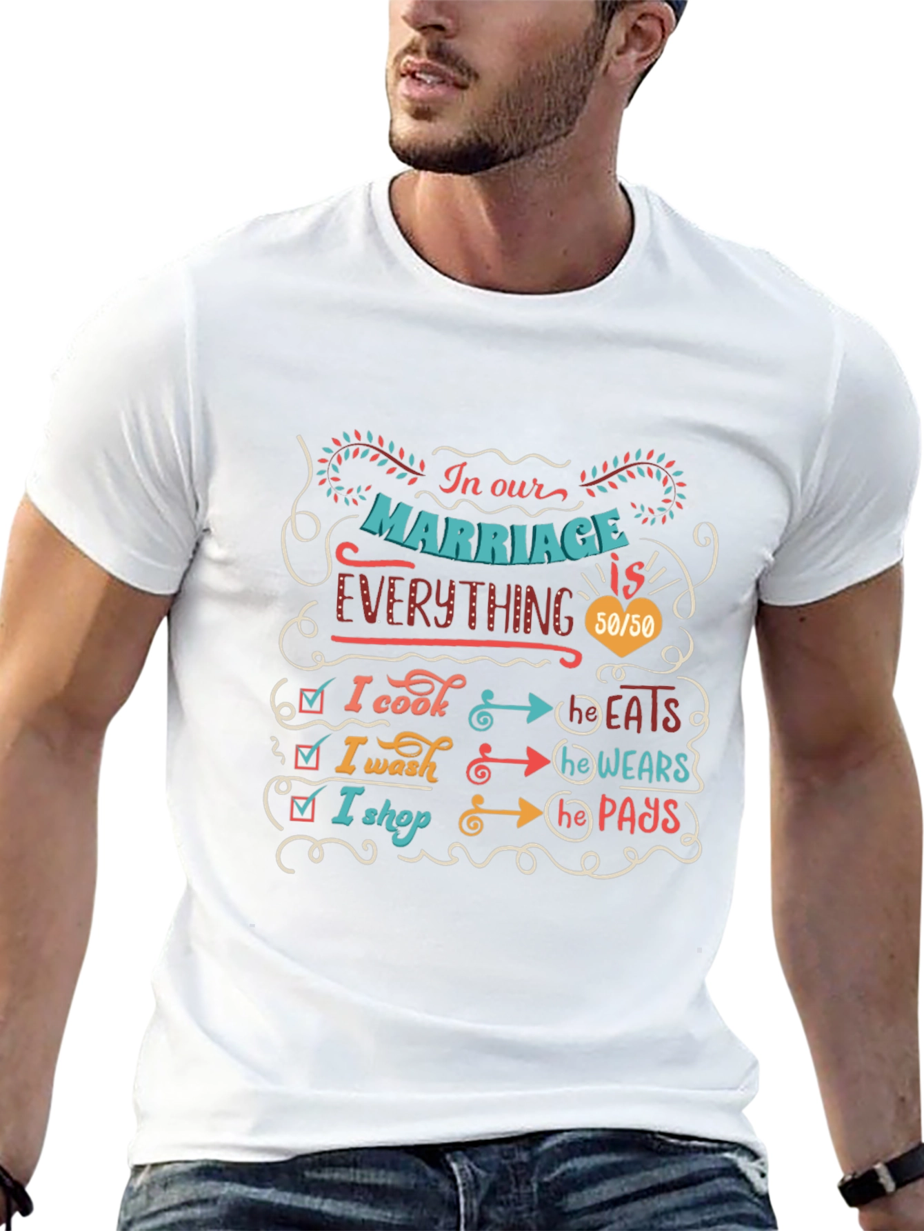 Humorous Marriage T-Shirt: Cooking Washing Shopping