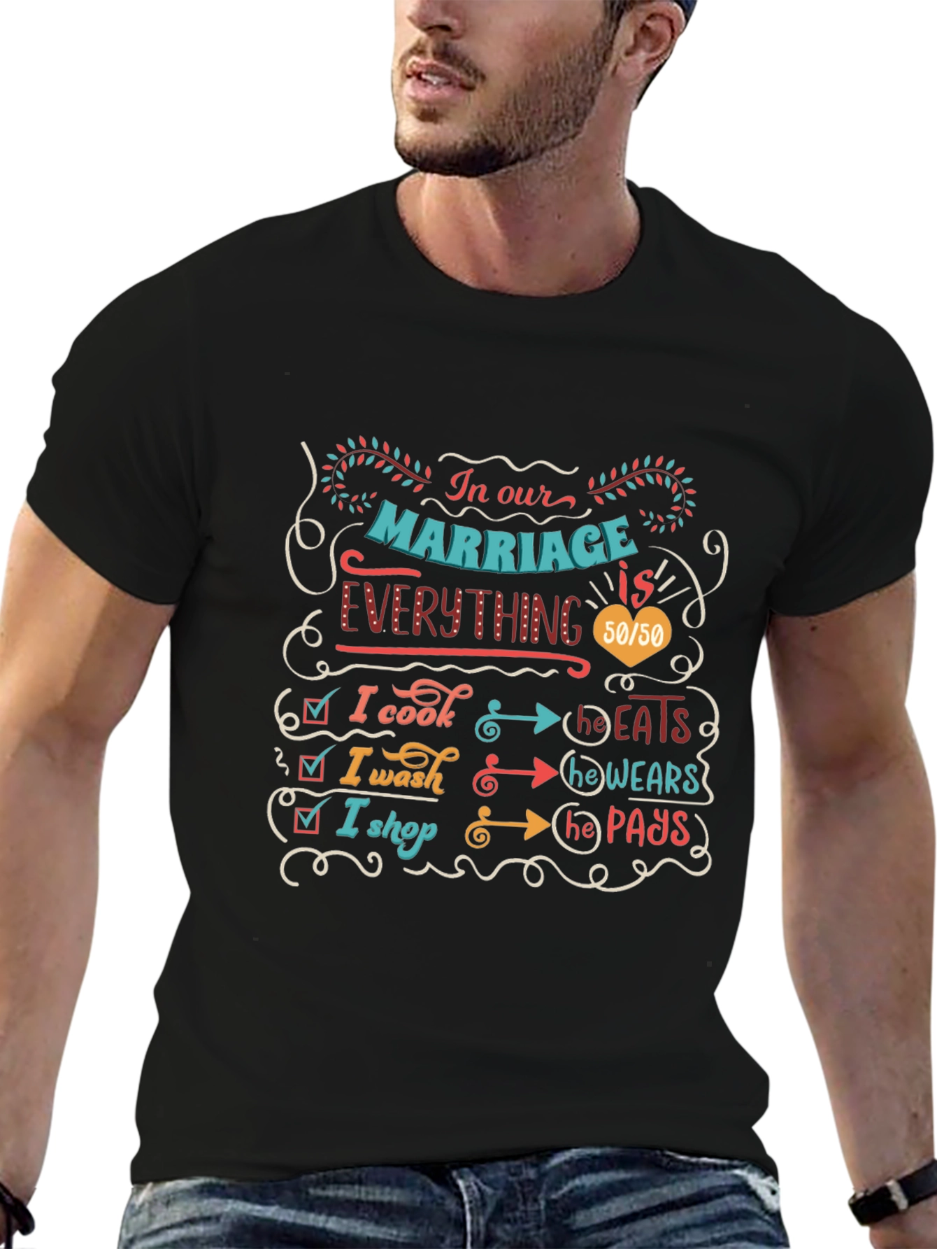 Humorous Marriage T-Shirt: Cooking Washing Shopping