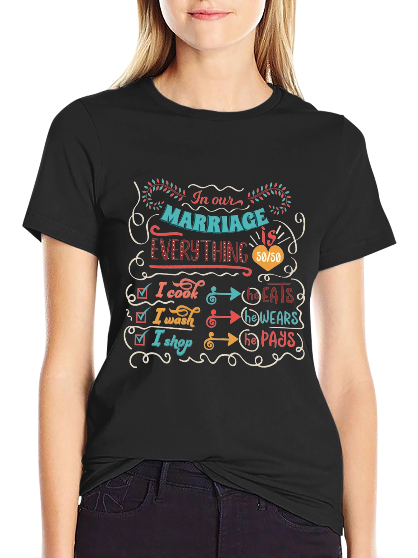 Humorous Marriage T-Shirt: Cooking Washing Shopping