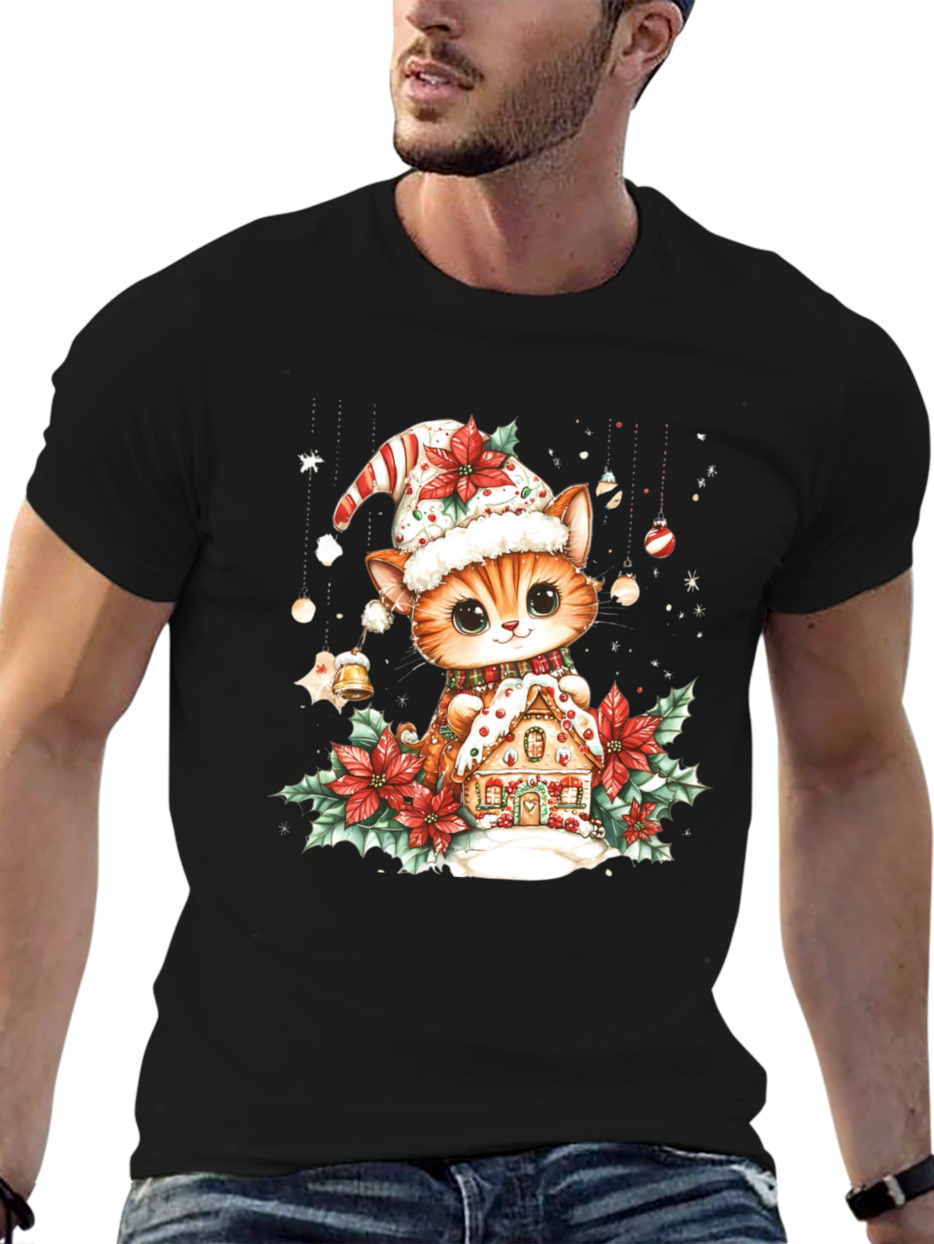 Festive Cat & Gingerbread House Black T-Shirt