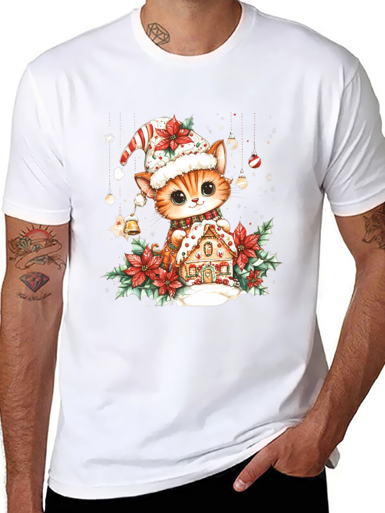 Festive Cat & Gingerbread House Black T-Shirt