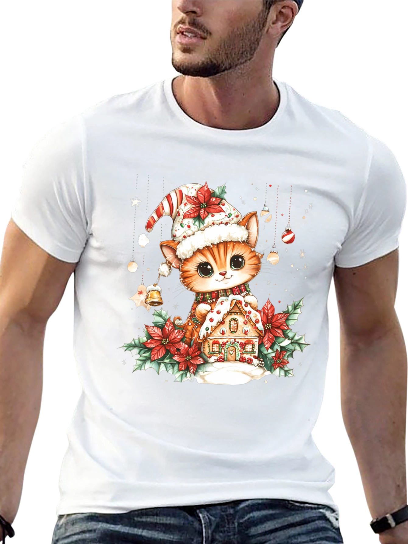 Festive Cat & Gingerbread House Black T-Shirt