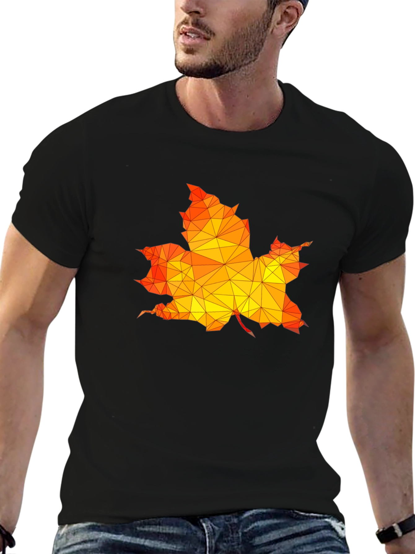 Geometric Maple Leaf Graphic Black T-Shirt