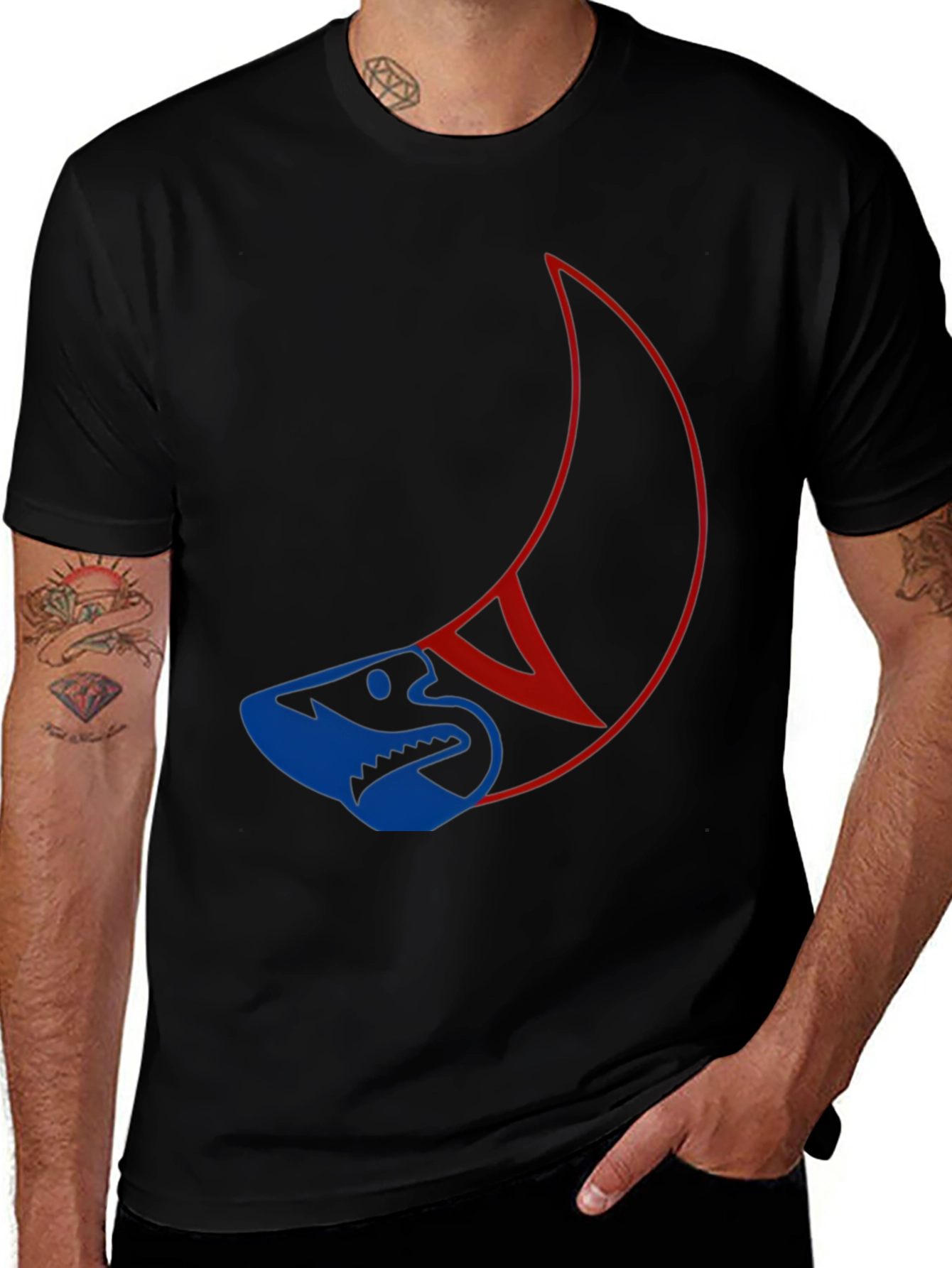 Unique Shark and Crescent Graphic T-Shirt