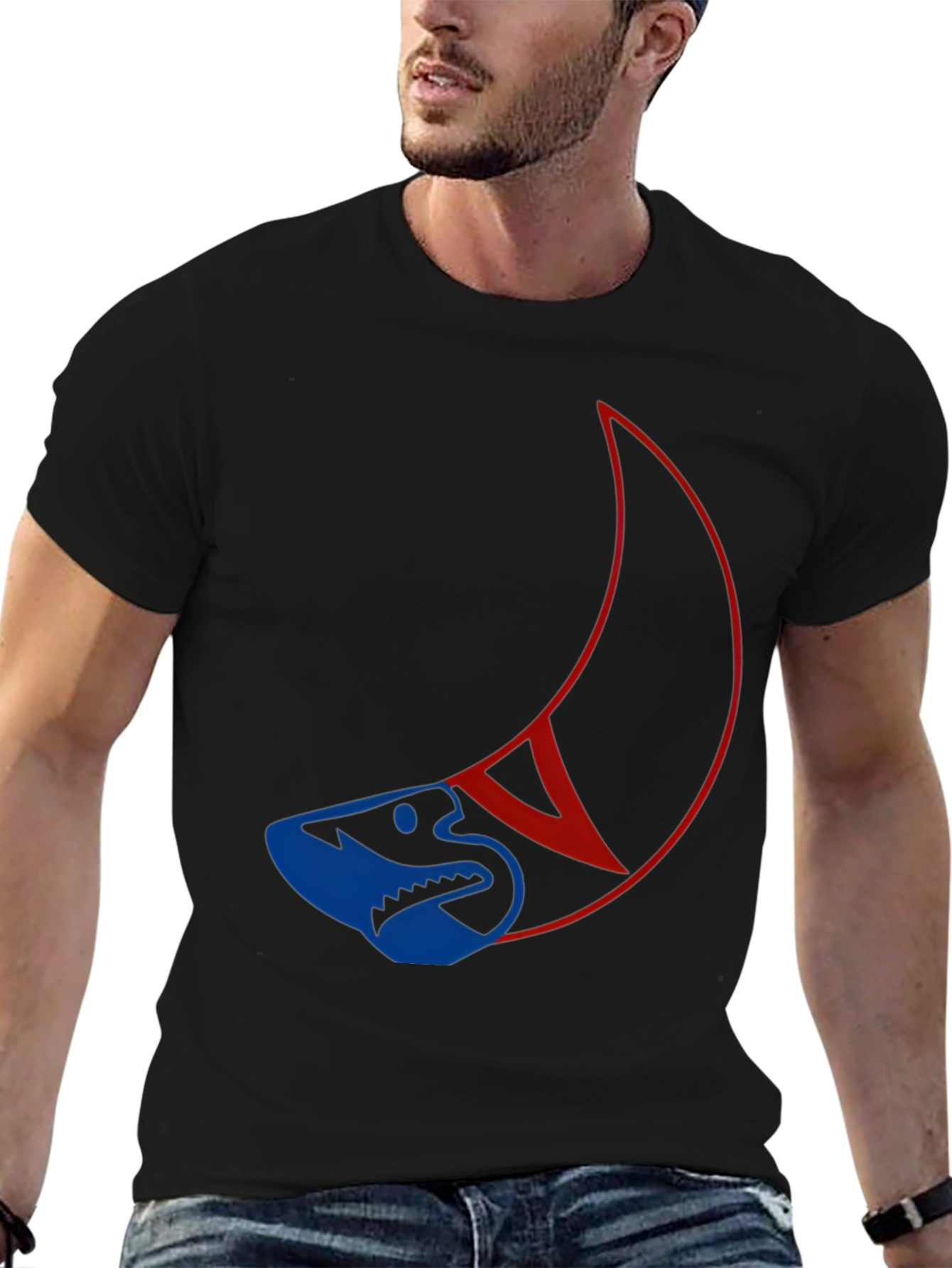 Unique Shark and Crescent Graphic T-Shirt