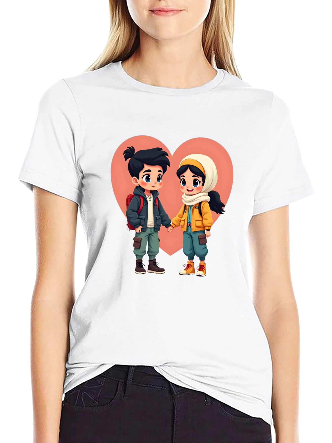 Romantic Cartoon Couple Black T-Shirt