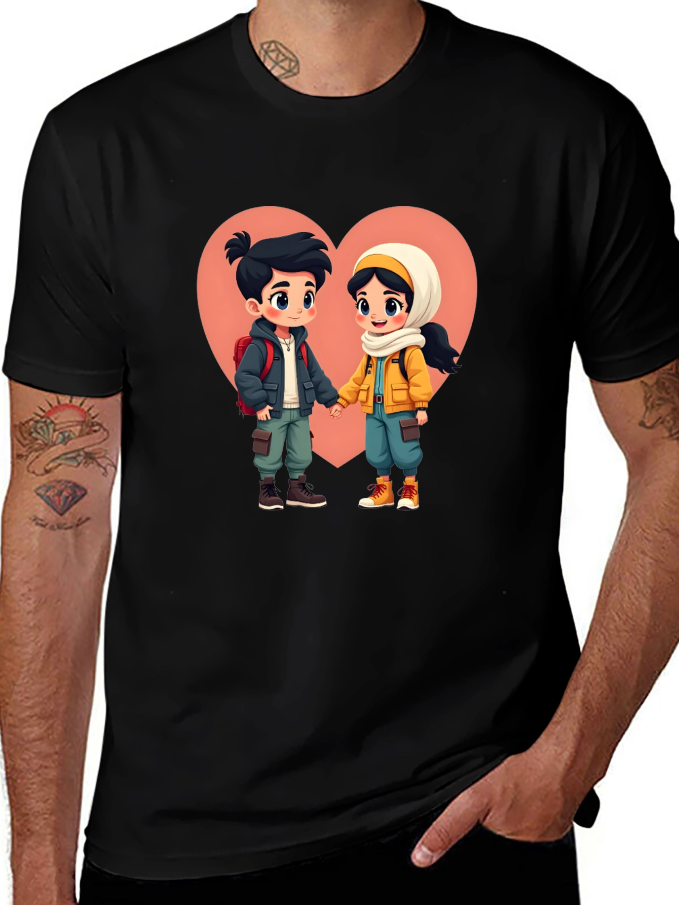Romantic Cartoon Couple Black T-Shirt