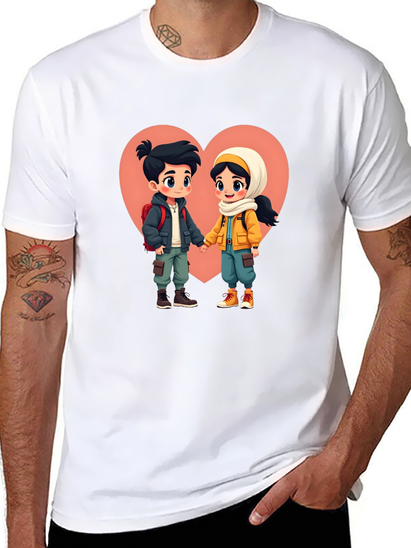 Romantic Cartoon Couple Black T-Shirt