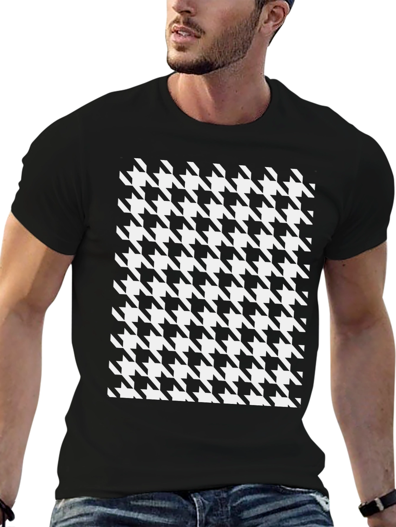 Houndstooth Patterned Black T-Shirt
