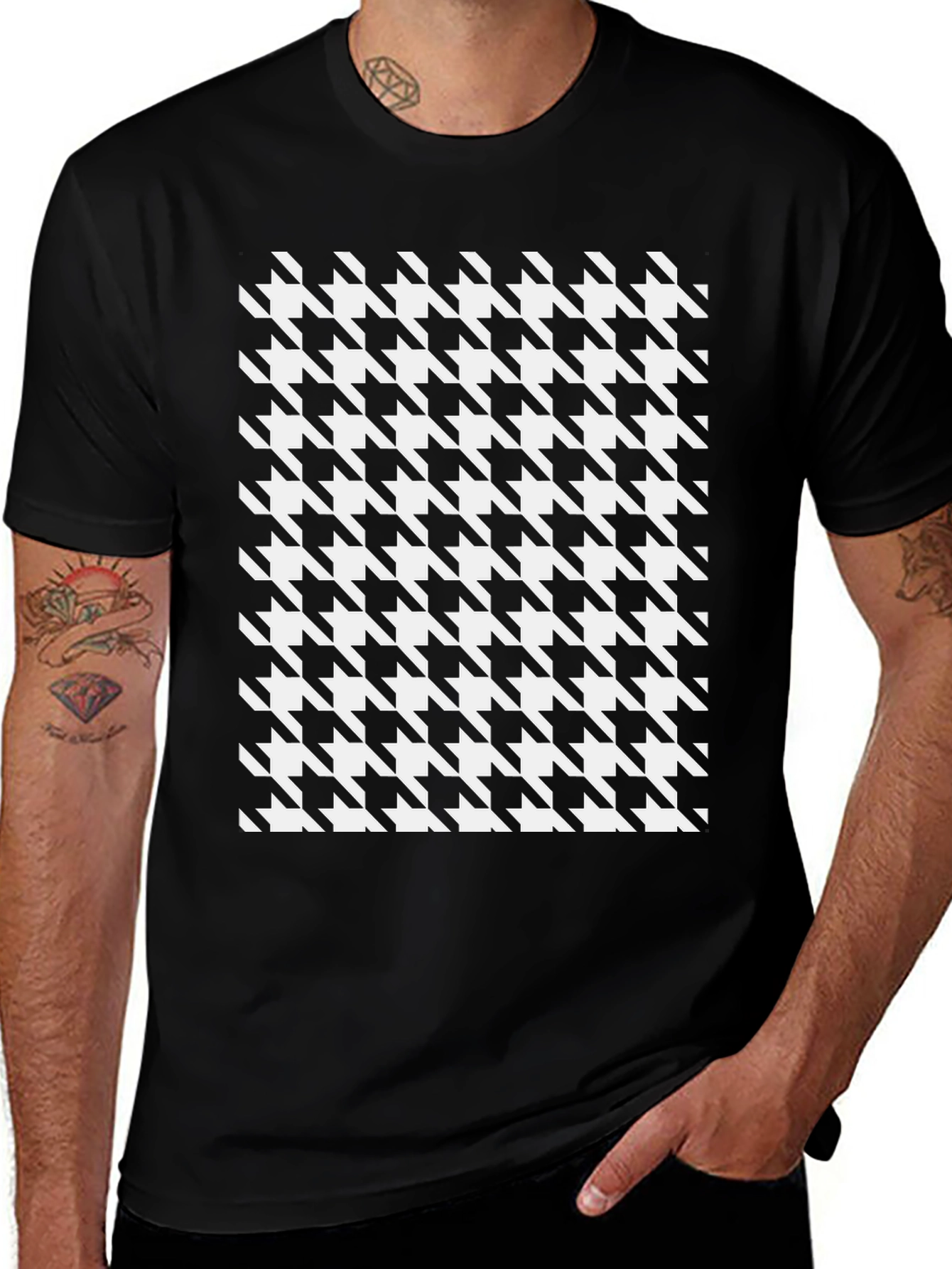 Houndstooth Patterned Black T-Shirt