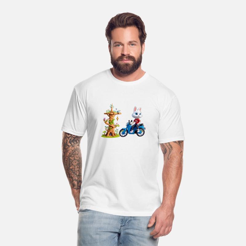 A rabbit on his bike next to the wooden tower