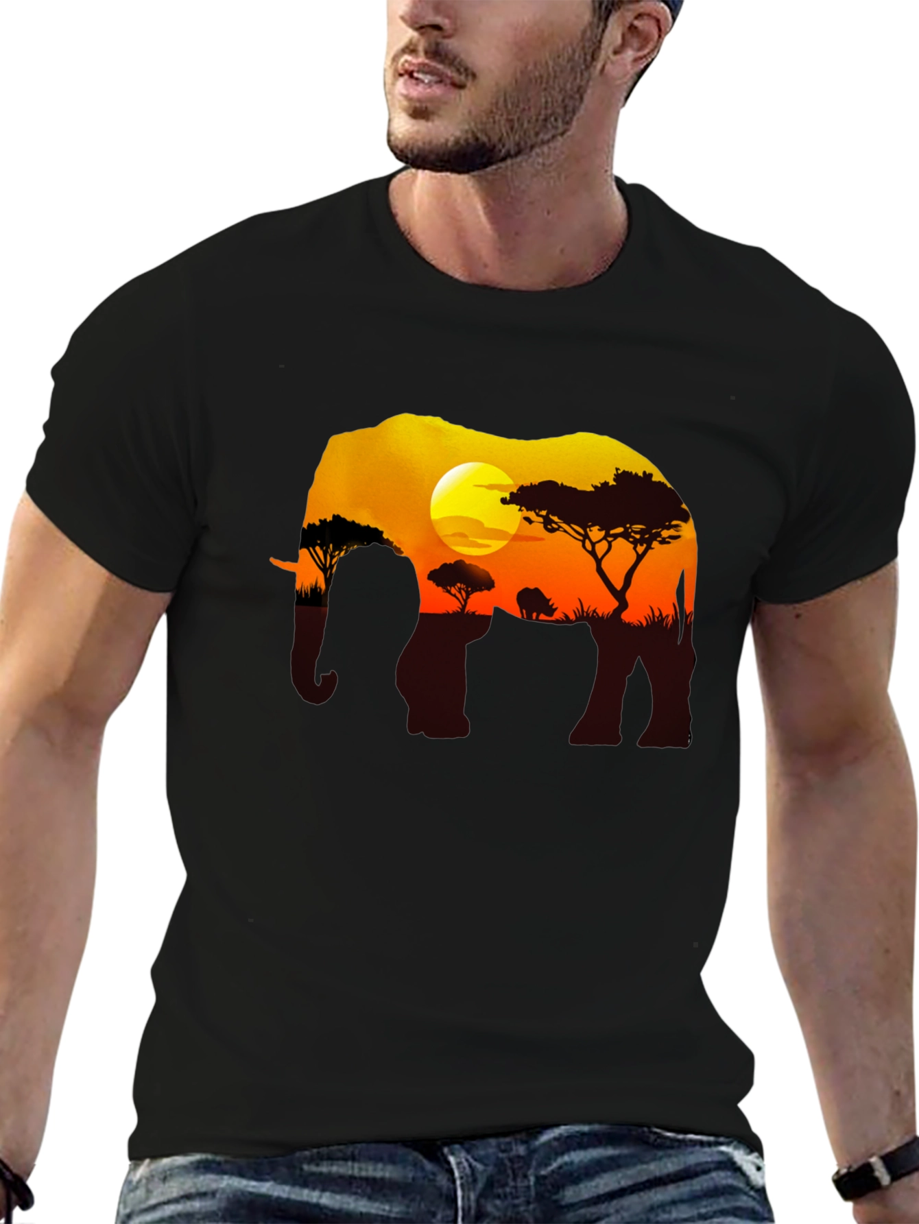 Elephant Sunset Graphic Tee - Black Safari Shirt