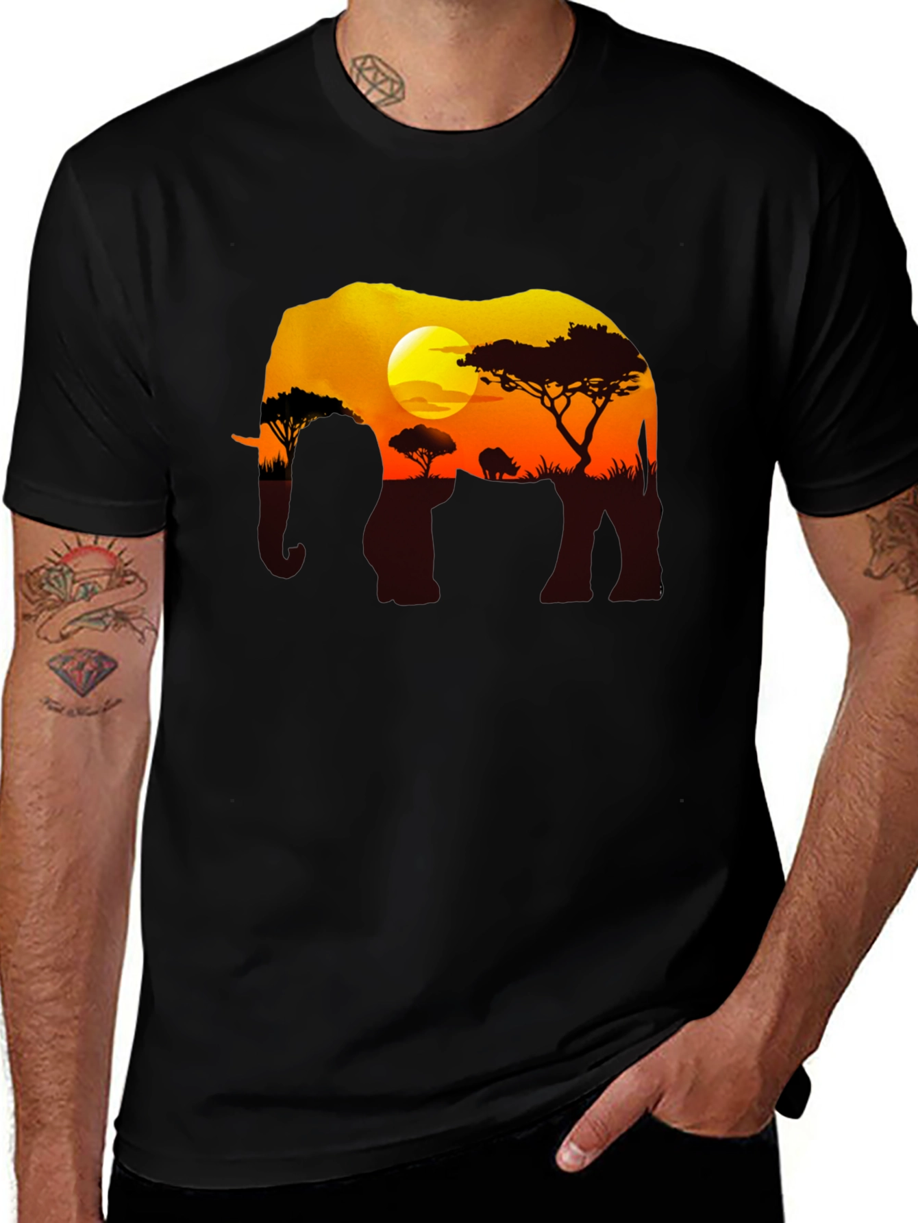 Elephant Sunset Graphic Tee - Black Safari Shirt
