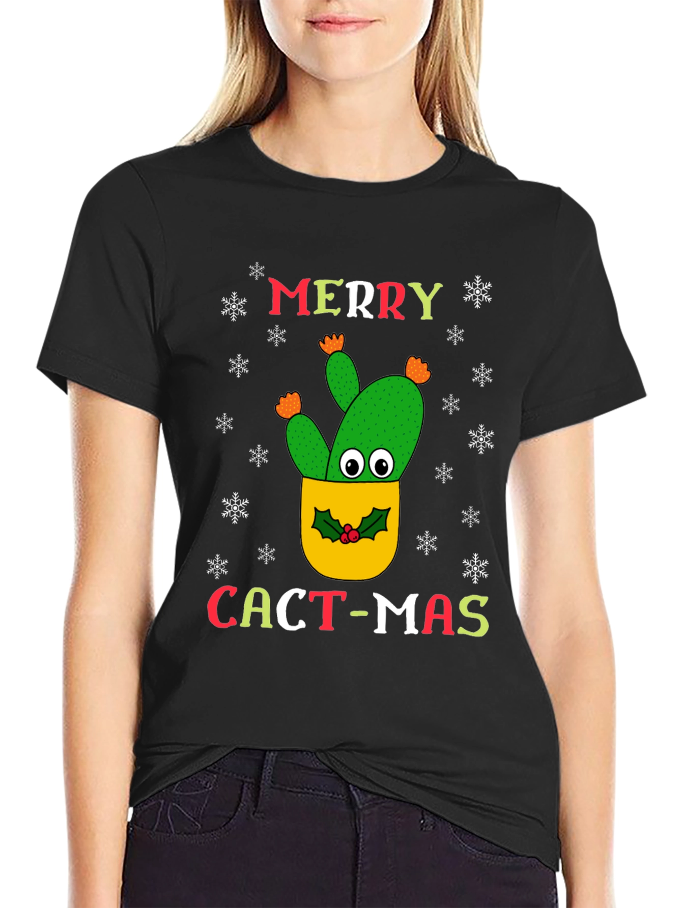 Merry Cact-Mas Black T-Shirt - Christmas Cactus Tee