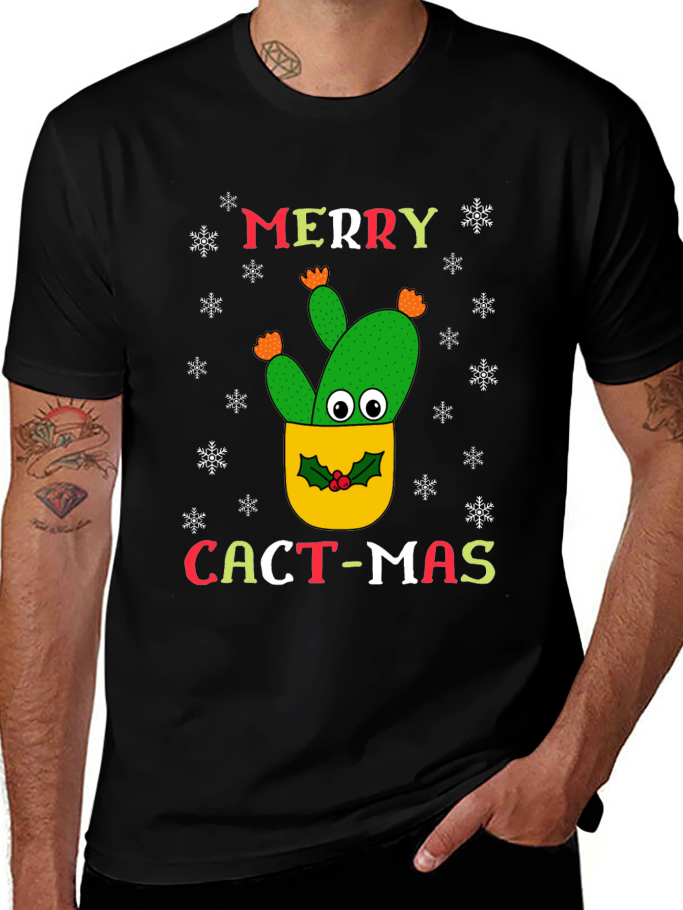 Merry Cact-Mas Black T-Shirt - Christmas Cactus Tee
