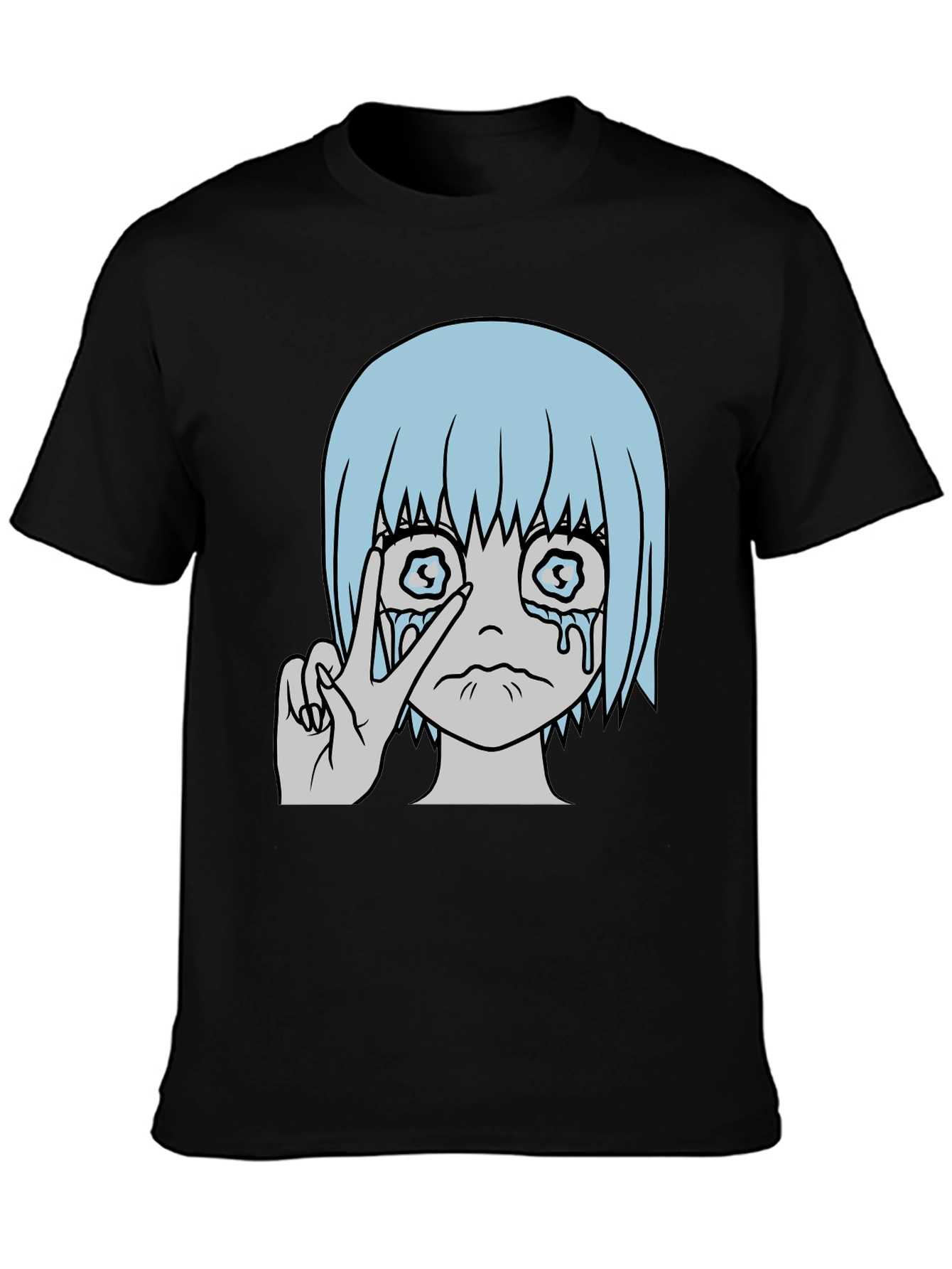 Crying Anime Girl Peace Sign Black T-Shirt