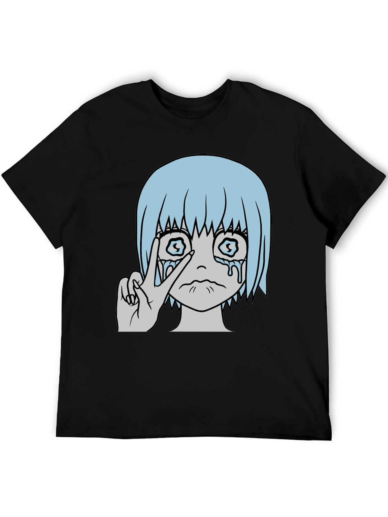 Crying Anime Girl Peace Sign Black T-Shirt