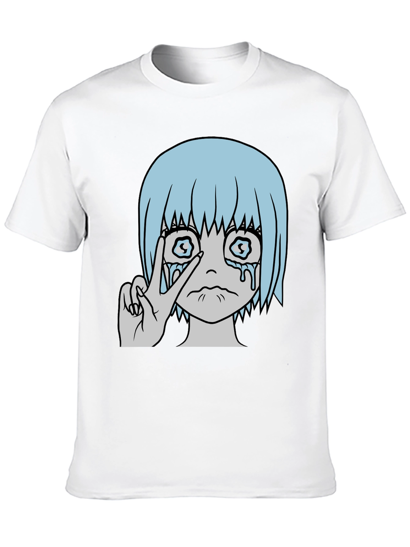 Crying Anime Girl Peace Sign Black T-Shirt